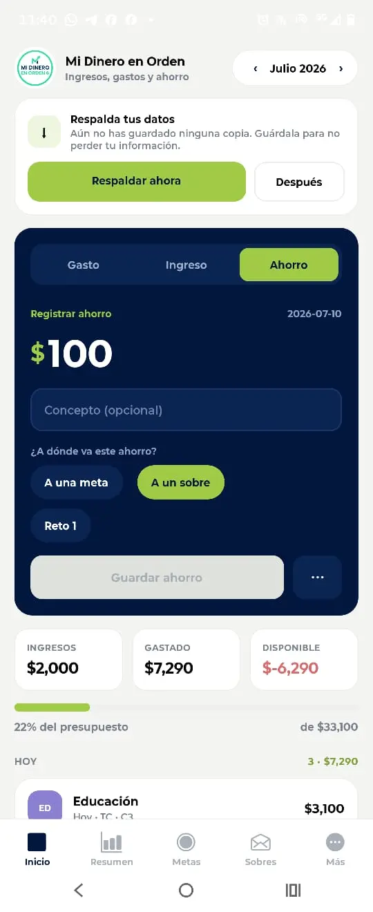 Pantalla para registrar ahorro en Mi Dinero en Orden